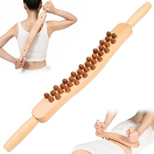 Guasha Wood Stick Massage Tool Woode Therapy Scraping Mountable Lymphatic Drainage Massager Fascia Blaster Body Guasha Tool for Anti-Cellulite, Pain Relief(Two Row,34 Beads) Xokocli