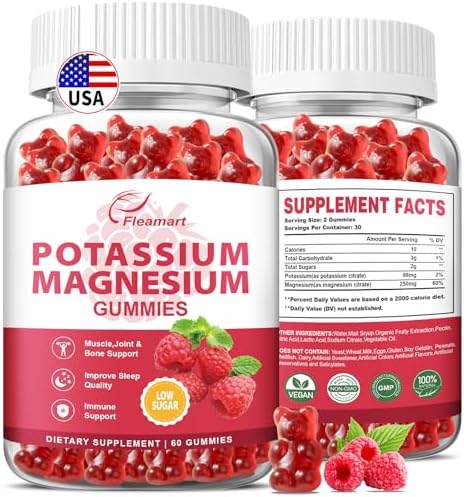 Potassium Magnesium Gummies (Жевательные конфеты) Potassium Citrate 99mg Magnesium Citrate 250mg Magnesium Potassium Complex Supplement, Immune Support, Leg Cramps Muscle Health, 60 Raspberry Gummies Fleamart