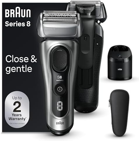 Braun Series 8 Electric Razor for Men, with 4+1 Shaving Elements & Precision Long Hair Trimmer, Close & Gentle Even on Dense Beards, Wet & Dry Electric Razor with 60min Runtime, 8517s Galvano Silver Braun