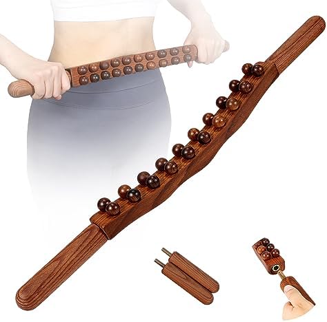 Wood Therapy Guasha Wood Stick Massage Tools, Lymphatic Drainage Massage Stick, Stomach Cellulite Massager, Myofascial Release Tool, Ease Pain Self Body Sculpting, Mountable Handle Double Row 20 Beads NXCYLW