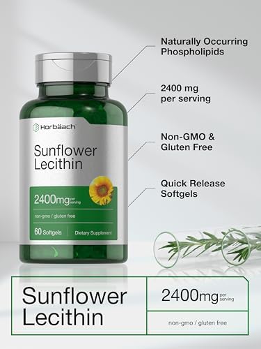 Horbäach Sunflower Lecithin 2400mg | 60 Softgel Capsules | Naturally Occurring Phospholipids | Non-GMO, Gluten Free Supplement | Horbäach