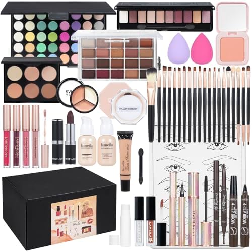 All in One Makeup Kit Makeup Kit for Women Full Kit Multipurpose Makeup ，eyeshadow、 liquid foundation,Loose powder,Eyebrow pencil,4-color lip gloss set TooAemiS