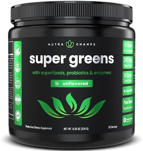 NutraChamps Super Greens Powder (Порошок) Premium Superfood | 20+ Organic Green Veggie Whole Foods | Alfalfa, Spirulina, Chlorella & More | Antioxidant, Digestive Enzyme & Probiotic Blends | Unflavored (Без вкуса) NutraChamps