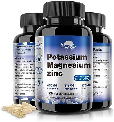 Potassium Magnesium Supplement 1000mg, Magnesium Potassium Zinc Aspartate Support Vascular, Bone, Heart, Muscle & Nerve Health, Non-GMO, Vegan, (120 Capsules) VPKIN