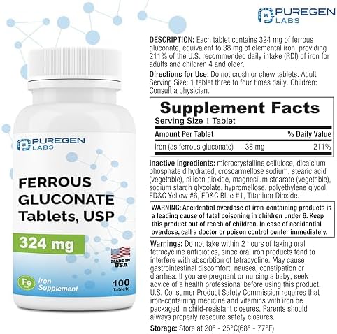 Puregen Labs Ferrous Gluconate 324 mg [High Potency] Iron Supplement, Gentle on Stomach - 100 Tablets P Puregen Labs