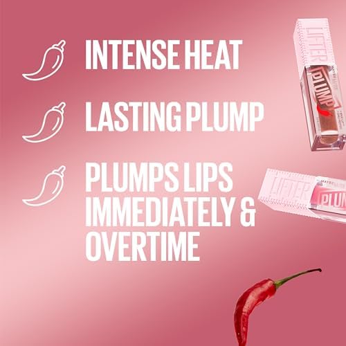 MAYBELLINE Lifter Gloss Lifter Plump, Plumping Lip Gloss with Chili Pepper and 5% Maxi-Lip, Pink Sting, Sheer Bubblegum Pink, 1 Count MAYBELLINE