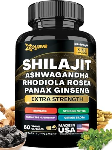 Shilajit 9000 Panax Ginseng 1500MG Ashwagandha 2000MG Rhodiola Rosea 1000MG, Turmeric 500MG, Gingko Biloba 500MG, Stinging Nettle 250MG, Cordyceps Mushroom 500MG (60 Caps) Zoyava