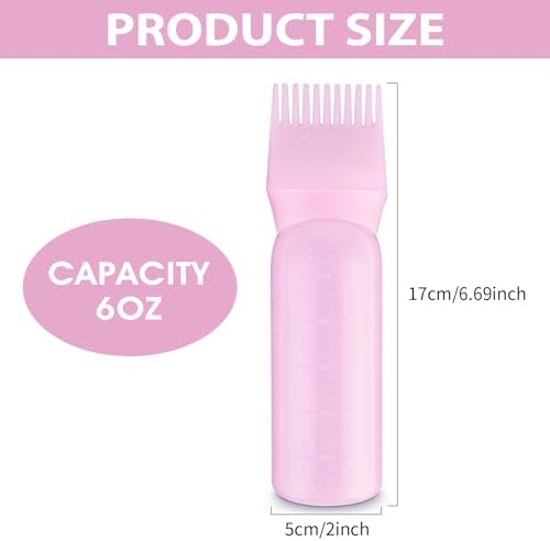 Root Comb Applicator Bottle, 6 Ounce Plastic Squeeze Hair Dye Oil Applying Applicator Brush Cap with Graduated Scale, Portable Hair Color Dispenser (Pink) COMNICO