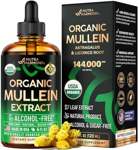 Mullein Drops (Капли) for Lungs - USDA Organic Liquid (Жидкость) - Mullein Leaf Extract Supplement - Made in USA - Lung & Bronchial Cleanse for Smokers - Respiratory Health Support - As Tincture, Tea, Pills - 4 fl oz (Жидкие унции) NUTRAHARMONY