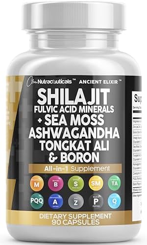 Clean Nutraceuticals Shilajit Supplement 10,000mg with Sea Moss 6000mg, Ashwagandha 6000mg, Tongkat Ali, Boron, Magnesium - Fulvic Acid Capsules (Капсулы) for Men - 90 Count Clean Nutraceuticals