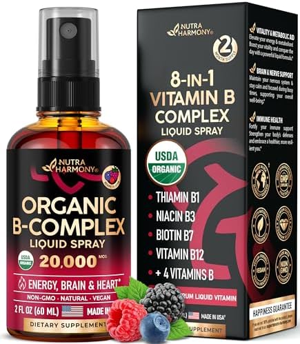 USDA Organic Vitamin B-Complex Liquid Spray 8-in-1 - B5 Pantothenic Acid | B12 Methylcobalamin | B1 Thiamine | B6 Pyridoxine | B7 Biotin | B9 Folic | B3 Niacinamide - Made in USA Supplement, 2fl oz Nutraharmony