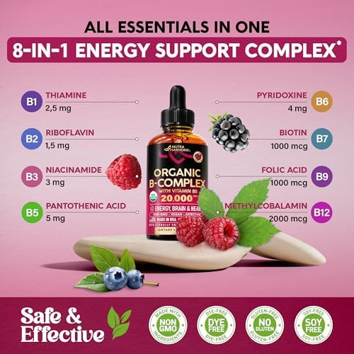 USDA Organic Vitamin B-Complex B5 Pantothenic Acid | B12 Methylcobalamin | B1 Thiamine | B6 Pyridoxine | B7 Biotin | B9 Folic | B3 Niacinamide - B Complex Liquid Drops (Жидкие капли), Made in USA Supplement, 2fl oz (Унции) NUTRAHARMONY