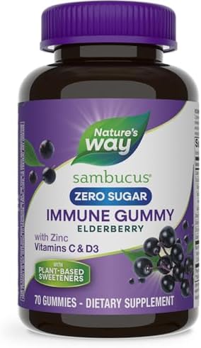 Nature’s Way Sambucus Zero Sugar Immune Gummies (Жевательные конфеты), Daily Immune Support*, Black Elderberry Extract, Vitamin C, Vitamin D3, Zinc, Sugar Free, Sugar Alcohol Free, Plant-Based Sweeteners, 70 Gummies Nature's Way