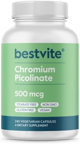 BESTVITE Chromium Picolinate 500mcg (240 Vegetarian Capsules (Вегетарианские капсулы)) - No Stearates - No Dicalcium Phosphate - Vegan - Gluten Free - Non-GMO BESTVITE