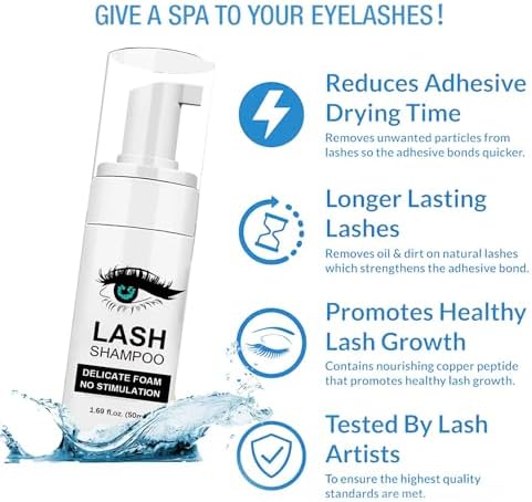 Lash Shampoo for Lash Extensions - Complete Lash Cleaning Kit with Eyelash Fan Dryer - Makeup Cleansing Foam for Lash Care Shmian