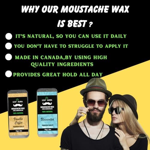 Moustache Wax (Unscented), Medium Hold- Premium Quality, 100% Natural and Made In Canada,15g Leaf Aura