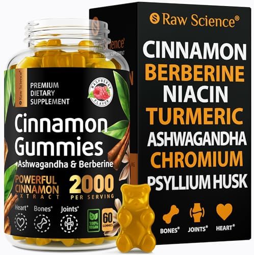 Cinnamon Gummies (Жевательные конфеты) - Blood Support - Ceylon Cinnamon & Cinnamon Bark 2000MG Blend Supplements, Berberine, Turmeric, Gymnema Sylvestre, Bitter Melon, Psyllium Husk, Chromium - 60 Gummies S RAW SCIENCE