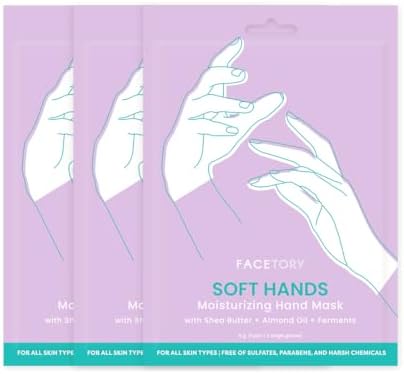 FACETORY Soft Hands Moisturing Hand Mask with Softening Shea Butter, Almond Seed Oil, and Ferments - Hand Spa Nourishing and Renewing Hand Sheet Mask for Dry, Rough Hands and Cuticles - 3 Pairs FaceTory