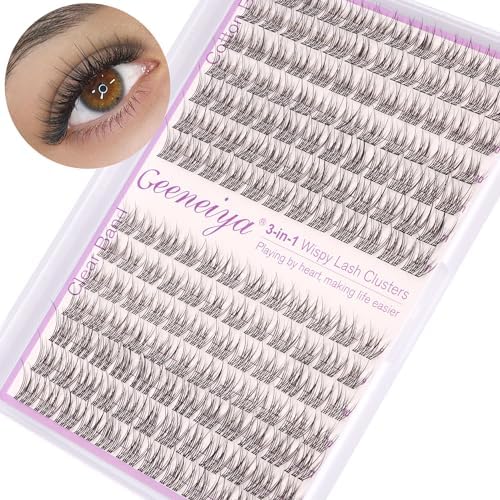 Clear Band Natural Lash Clusters Wispy Individual Eyelashes DIY Lash Extensions Natural Look Cluster Lashes D Curl Eyelash Extension,Geeneiya Wispy Eyelash Clusters (0.05D,9-11MM,Clear and Black Band) Geeneiya