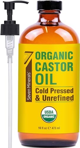 Seven Minerals New 16 fl oz Glass Bottle Castor Oil Organic Cold Pressed Unrefined Glass Bottle Pack - 100% Pure USDA Certified Organic Hexane Free Seven Minerals