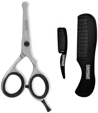 MERTENO 4.2” Japanese Steel Rounded-Tip Beard Mustache Scissors Nose Hair Ear Hair Trimming Professional Scissors Sharp Egde 2 Beard Comb (RIGHT HANDED - SILVER) MERTENO