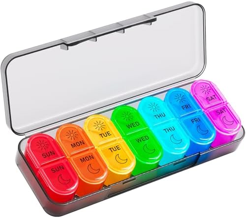 AM PM Pill Organizer 7 Day, Weekly Pill Organizer 2 Times a Day, Daily Pill Box AM PM, Portable Travel Medicine Case, Day and Night Pill Container for Medication, Vitamin or Supplement（Black） Betife