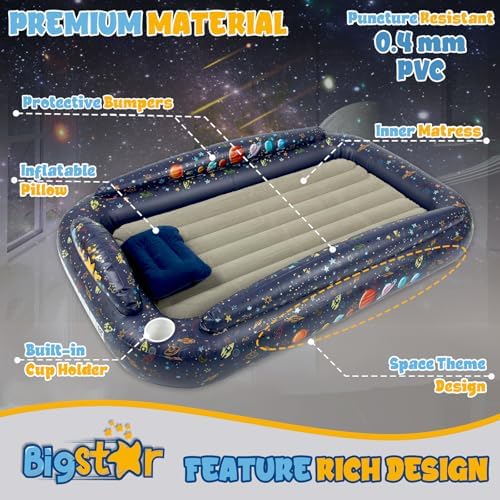 BIGSTAR Inflatable Toddler Travel Bed - Space-Themed with Safety Bumpers [3-Sided] Portable Toddler Bed for Kids - Toddler Air Mattress - Kids Air Mattress - Kids Blow Up Bed- Navy Blue BIGSTAR