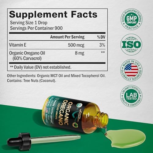 USDA Organic Oil of Oregano - Liquid Drops with Vitamin E - Made in USA - Supplement for Immune Support, Digestion Health & Antioxidant - Non-GMO, Natural, Vegan - As Pills, Capsules, Softgels 1 fl oz NUTRAHARMONY