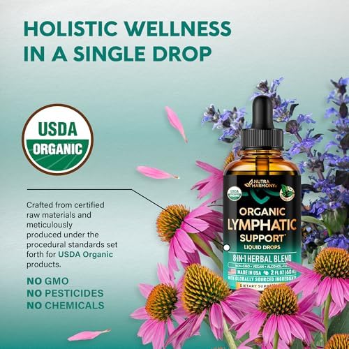 USDA Organic Lymphatic Drainage Supplement - Echinacea | Elderberry | Dandelion | Rosehip | Cleavers | Calendula | Burdock - Made in USA - Lymph System Drops - Immune Support, Cleanse & Detox, 2 Pack Nutraharmony