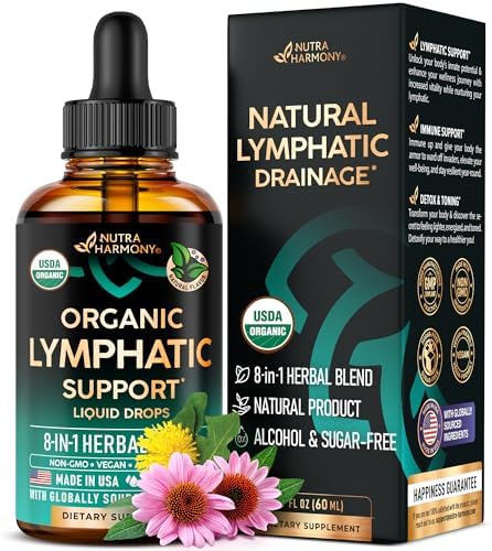 USDA Organic Lymphatic Drainage Supplement - Echinacea | Elderberry | Dandelion | Rosehip | Cleavers | Calendula | Burdock - Made in USA - Lymph System Drops (Капли) - Immune Support, Cleanse & Detox, 2 fl oz (Жидкие унции) NUTRAHARMONY