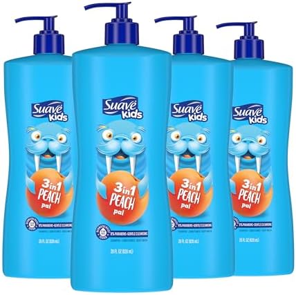 Suave Kids 3-in-1 Tear Free, Body Wash, Shampoo and Conditioners, Dermartologist Tested, Peach Pal, 28 Oz Pack of 4 Suave