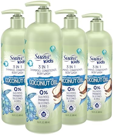 Suave Kids Natural Coconut Oil 3-in-1 Tear Free, Body Wash, Shampoo and Conditioners, No Sulfates, No Parabens, No Silicones, No Dyes, 16.5 Oz Pack of 4 Suave