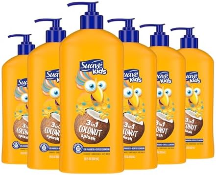 Suave Kids 3-in-1 Tear Free, Body Wash, Shampoo and Conditioners, Dermartologist Tested, Coconut Splash, 18 Oz Pack of 6 Suave