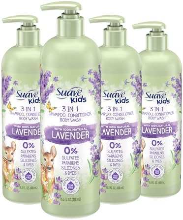 Suave Kids Natural Lavender Oil 3-in-1 Tear Free, Body Wash, Shampoo and Conditioners, No Sulfates, No Parabens, No Silicones, No Dyes, 16.5 Oz Pack of 4 Suave