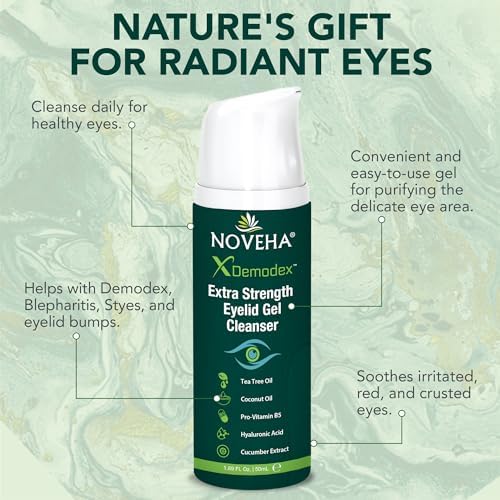 NOVEHA Demodex Extra Strength Eyelid Gel Cleanser - for Demodex, MGD and Dry Eye with Pro-Vitamin B5, Tea Tree Oil, and Hyaluronic Acid - Gentle Cleansing, Soothes Itchy Eyelid - 50mL (1 Pack) NOVEHA