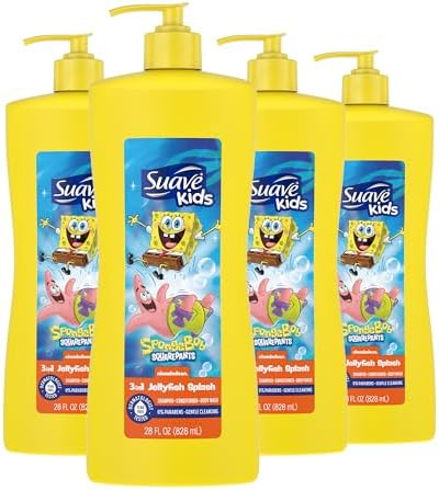 Suave Kids 3-in-1 Spongebob, Tear Free, Body Wash, Shampoo and Conditioners, Dermatologist Tested, 28 Oz Pack of 4 Suave