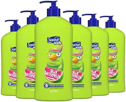 Suave Kids 3-in-1 Tear Free, Body Wash, Shampoo and Conditioners, Dermartologist Tested, Watermelon Wonder, 18 Oz Pack of 6 Suave