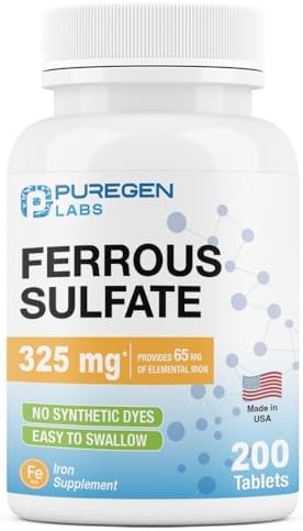 Puregen Labs Ferrous Sulfate 325 mg (65 mg Elemental Iron) High Potency Iron Supplement | No Artificial Color Additives - 200 Tablets Made in USA P Puregen Labs