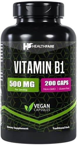 Vitamin B1 500mg | 200 Capsules (Капсулы) | Thiamine Supplement | Supports Overall Health | Non-GMO | Gluten Free (200 Capsules) Healthfare