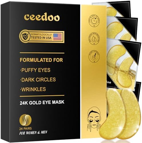 Under Eye Patches - 24 Pairs Gold Under Eye Mask for Puffy Eyes, Dark Circles, Eye Bags, Wrinkles, Collagen Hyaluronic Acid Eye Gel Pads with Rejuvenating Treatment, Refresh Your Skin Ceedoo