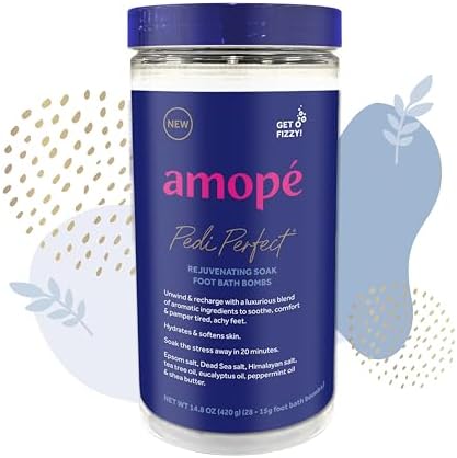 Amopé Pedi Perfect Rejuvenating Foot Soak Foot Bath Bombs, Relaxing Foot Spa Fizzies with Epsom salt, Dead Sea & Himalayan Salt, Tea Tree Oil, Shea Butter to Soothe, Hydrate & Soften Tired Feet, 28 ct Amope