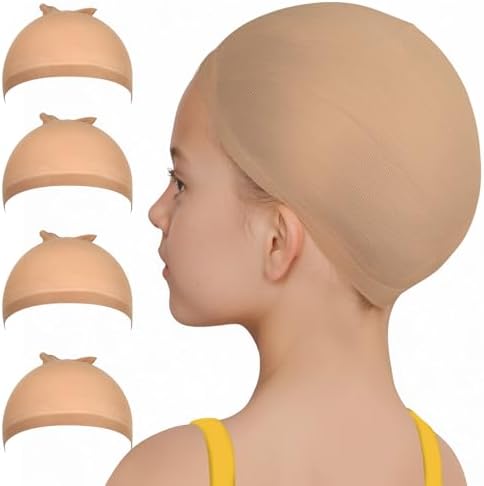 FANDAMEI Wig Cap, 4PCS Wig Cap for Kids Light Brown, Nylon Wig Caps for Kids. Stretchy Stocking Caps for Wigs, Kids Wig Cap Natural for Halloween, Cosplay. Small Wig Cap for Kids, Baby. Fandamei