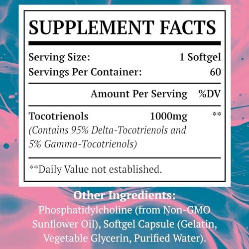 Liposomal Tocotrienols Supplement 1000mg, Vitamin E, 95% Delta-tocotrienols and 5% Gamma-tocotrienols, Hligh Absorption Heart, Vascular & Brain Function, Non-GMO, 60 softgels Sveikata