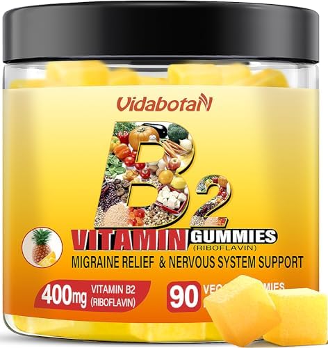 Vitamin B2 Gummies (Жевательные конфеты)- Riboflavin 400mg with Magnesium & CoQ10 for Kids & Adults, Migraine Relief & Headache Relief - Pineapple Flavor, 90 Chewable Gummies Vidabotan