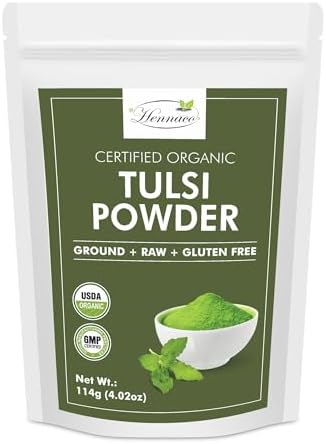 Organic Tulsi Powder (Порошок) - Resealable Zip Lock Pouch, USDA Organic - Premium Quality Holy Basil Powder, 100% Raw, Ayurvedic Herb for Immunity - 114 Grams (4 Oz) Hennaco