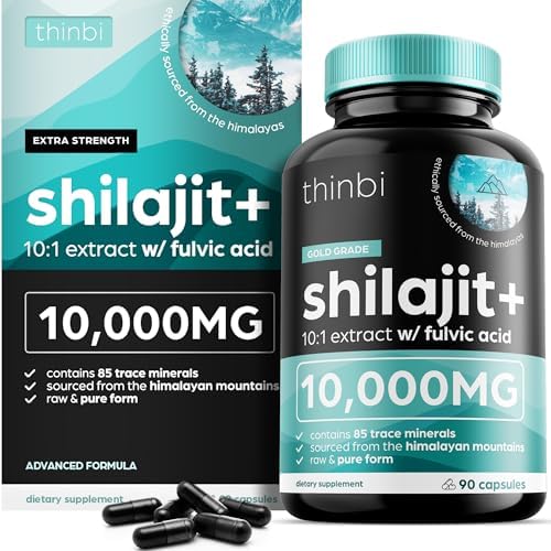 Thinbi Pure Himalayan Shilajit 10000mg Maximum Potency Organic Capsules (Капсулы) 90 Count with Fulvic Acid & Trace Minerals for Enhanced Energy and Immune Support Men & Women Better Than Shilajit Resin Artnaturals