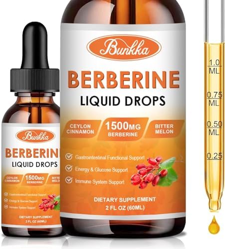 (2 Pack) Berberine Supplement, 1500mg Organic Berberine Liquid Drops (Жидкие капли) with Ceylon Cinnamon, Bitter Melon, Sugar-Free & Vegan Supplement Supports Immune System & Gastrointestinal Care - 4 FL Oz Bunkka