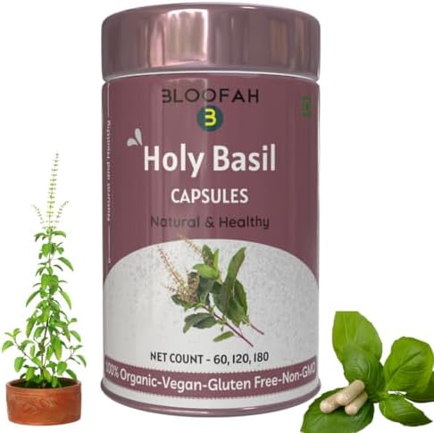 Holy Basil Capsule 500 mg Indian Tulsi Leaf Extract Powder (Порошок) Supplement | Natural & Healthy, Organic, Vegan, Gluten-Free, Non-GMO - 60 Capsules (Капсулы) Bloofah