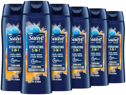 Suave Men Moisturizing Body, Face and Hair Wash, 3-in-1 For Hydrated Skin and Hair, Citrus & Musk scent, No Parabens, No Phtahaltes, 18 Oz Pack of 6 Suave