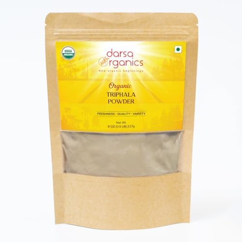 Darsa Organics Triphala Powder (Порошок) from India 8 oz (Унции) | Amla + Behada + Haritaki powder | USDA Organic | Gluten Free | Non-GMO I Triphala powder organic | Use in Skin & Hair Masks | Detoxification & Rejuvenation Darsa Organics